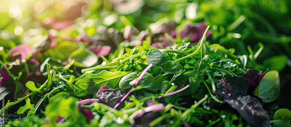 Aufkleber copy space image with a vibrant mix of micro greens arugula onion and other ingredients on a food ba