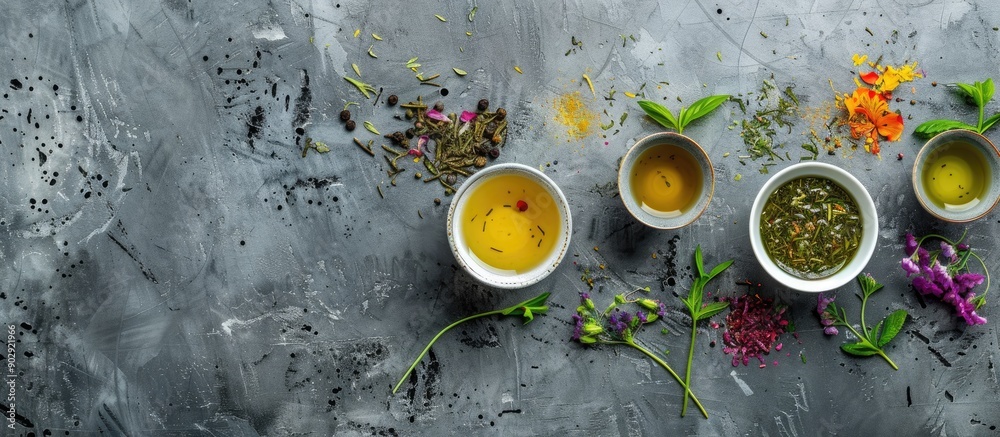 Poster top view of green sencha tea infused with floral and fruity notes set against a grey concrete backdr