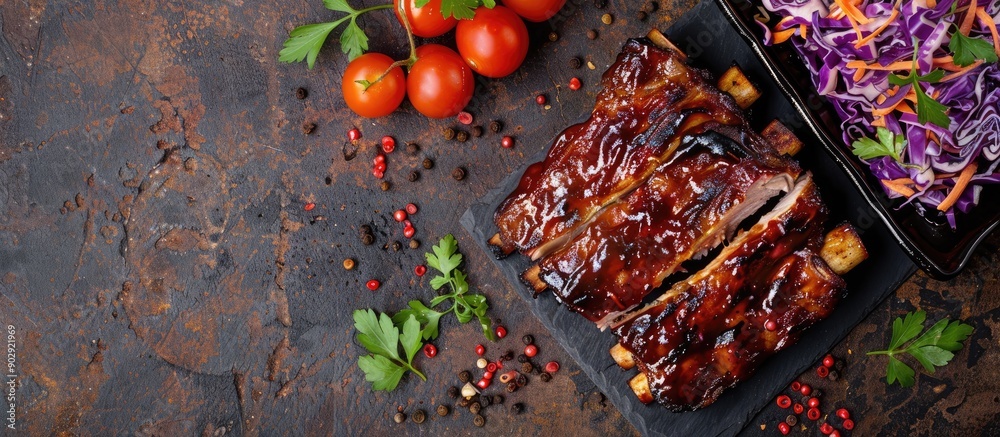 Poster grilled ribs in barbecue sauce with cabbage salad and cherry tomatoes viewed from the side with spac