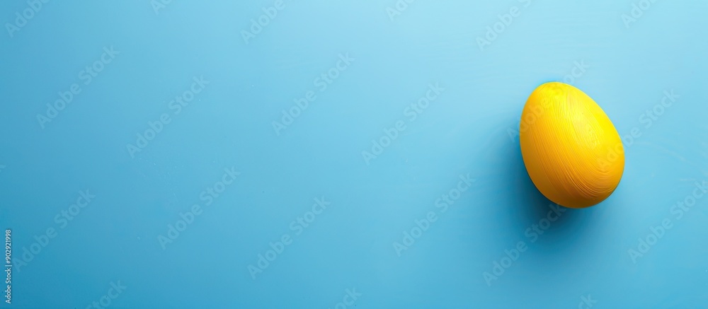 Poster a wooden egg decoration in yellow for easter against a blue background with a top view suitable for 