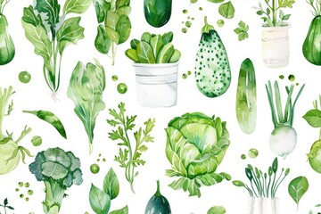 Spring Planting: Organic Gardening Tools for Growing Vegetables and Flowers in Greenhouse. Watercolor Illustration.
