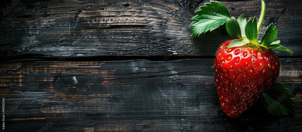 Poster top view of a ripe strawberry with leaves on a dark wooden surface ideal for a copy space image