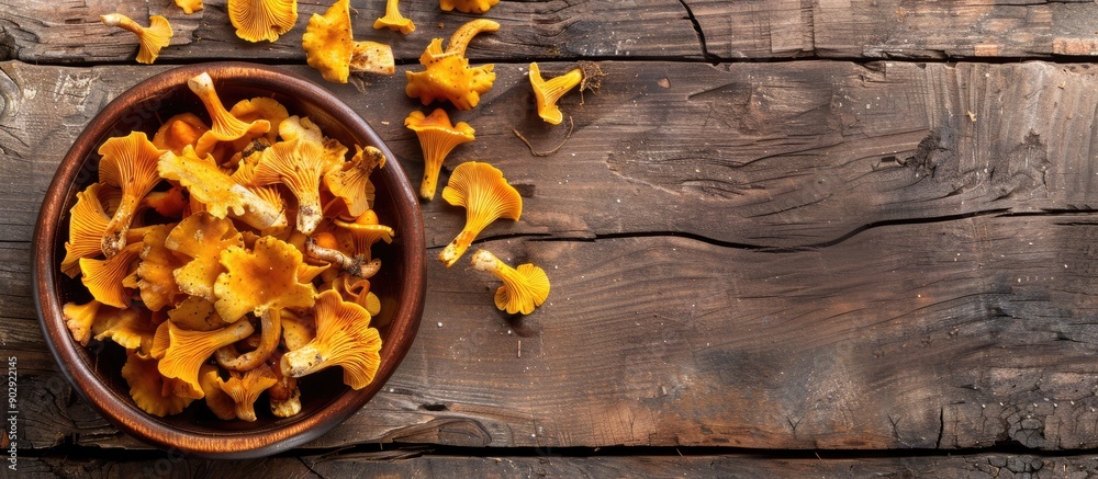 Poster fresh chanterelle mushrooms make a delicious snack on the rustic table with a copy space image backg