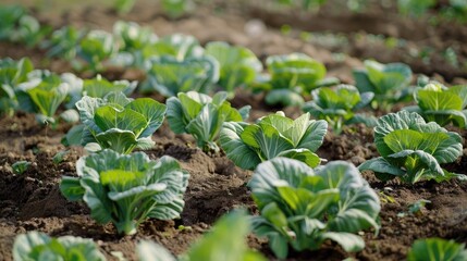 Obraz premium Farm scene with young cabbage plants in perfect rows under the sun, highlighting the beauty and order of agriculture.