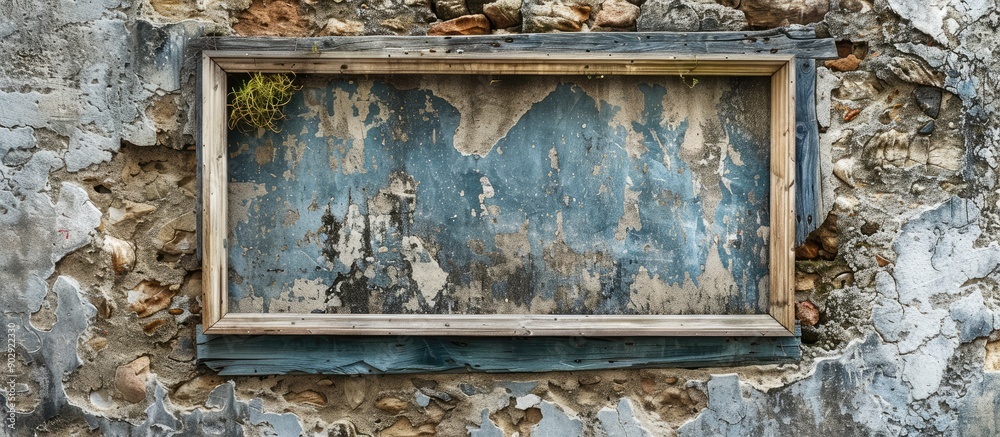 Aufkleber an old rustic wooden frame hangs against a textured stone wall offering a visually appealing copy sp