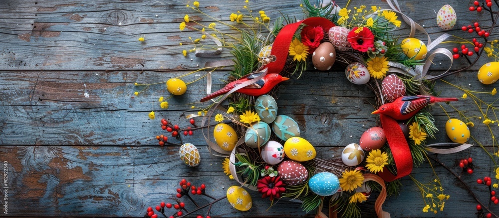 Poster creating an easter wreath with colorful eggs red birds yellow flowers ribbons and a bow on a wooden 