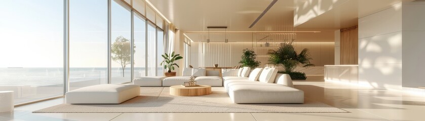 A large living room with a view of the city and a large window. The room is filled with white furniture and has a modern and spacious feel