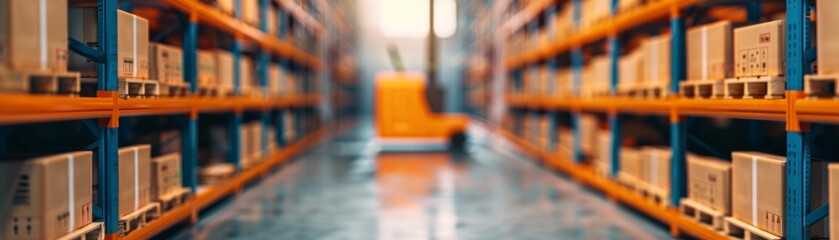 Fototapeta premium Modern warehouse storage shelves filled with boxes and a forklift in the background, creating an efficient industrial logistics environment.