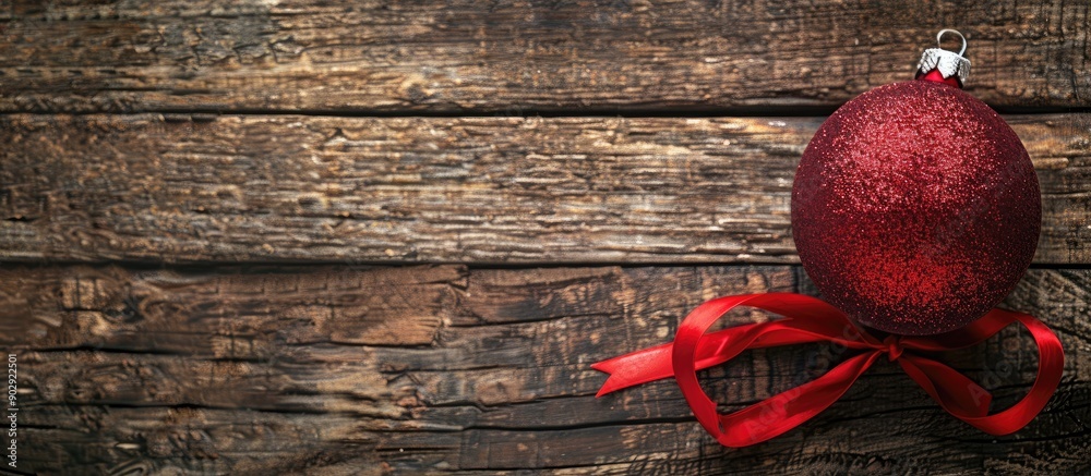 Aufkleber A festive red ornament with ribbons on a rustic wooden backdrop ideal for a New Year s card showcased beautifully from above with empty space for text or images in the picture. Creative banner