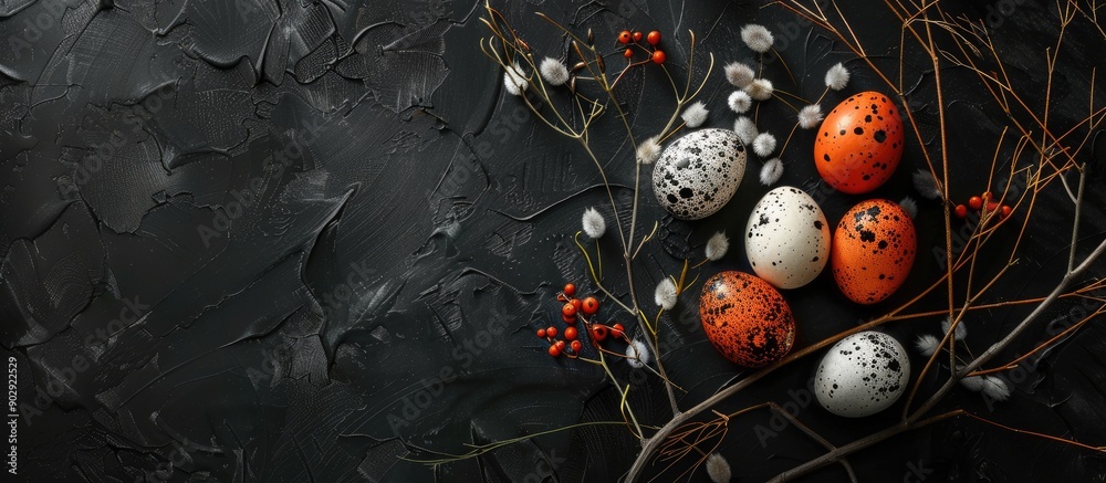 Aufkleber Elegant chicken and quail eggs with decorative elements on a black backdrop ideal for a copy space image