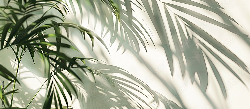 Leinwandbilder window light casts shadows of palm leaves on a white backdrop creating a tranquil copy space image