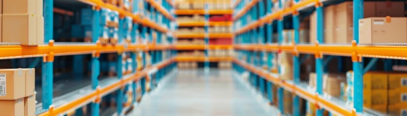 Warehouse interior with shelves stocked with boxes. Organized storage space for industrial and commercial goods in a modern warehouse facility.