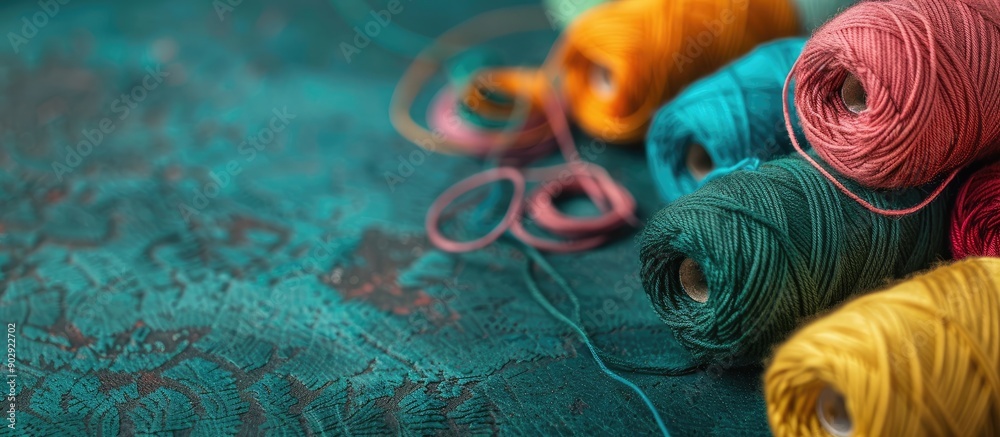 Poster Copy space image of knitting threads scattered on a table perfect for adding text Sewing materials present