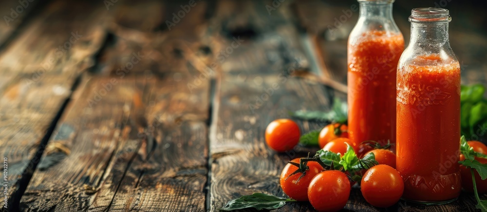 Poster tomato smoothie juice in metal container on wooden backdrop with copy space image
