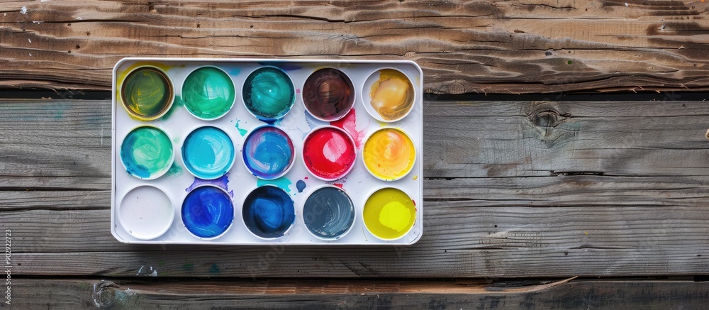 Poster watercolor paint and brush are displayed neatly in a white plastic box on a vintage wooden surface s