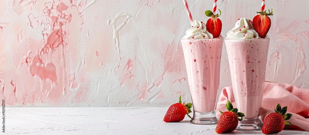 Poster white table with strawberry milkshake in glass glasses offering ample copy space in a horizontal ori