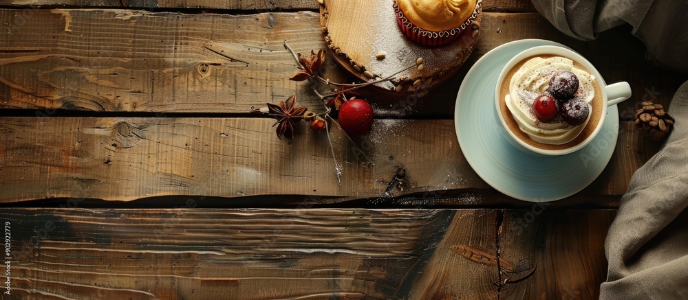 Leinwandbilder An old kitchen table with a cup of coffee and a dessert with an empty space in the shot for additional content like text or graphics