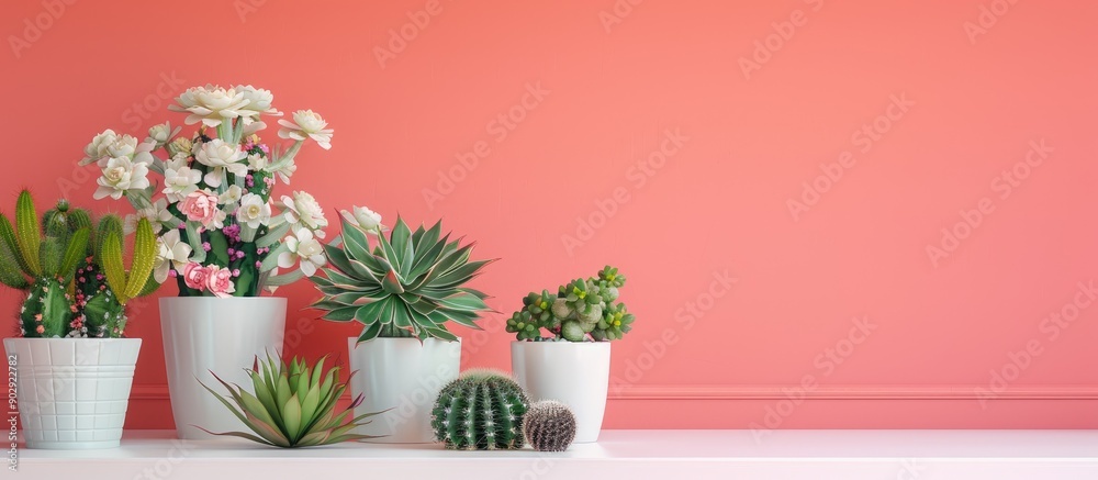 Poster an isolated image of a white office desk featuring succulent flowers in pots with cacti on the table