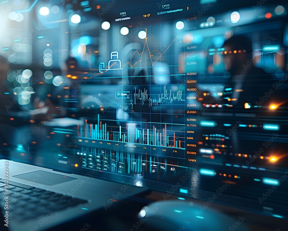 Poster futuristic business analytics dashboard with virtual data visualization