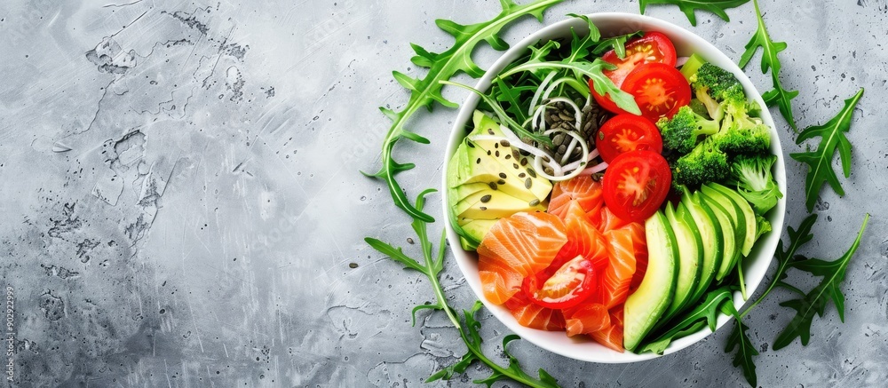 Poster top view of a salad bowl containing fresh vegetables like tomatoes avocado arugula seeds and salmon 