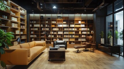 Modern Library Interior Design with Bookshelf, Sofa and Armchair.
