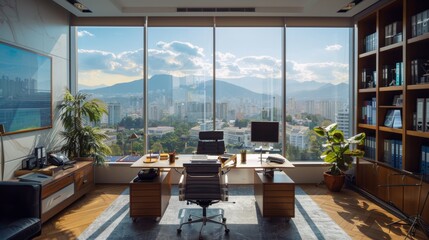 Modern Office with City Skyline View.