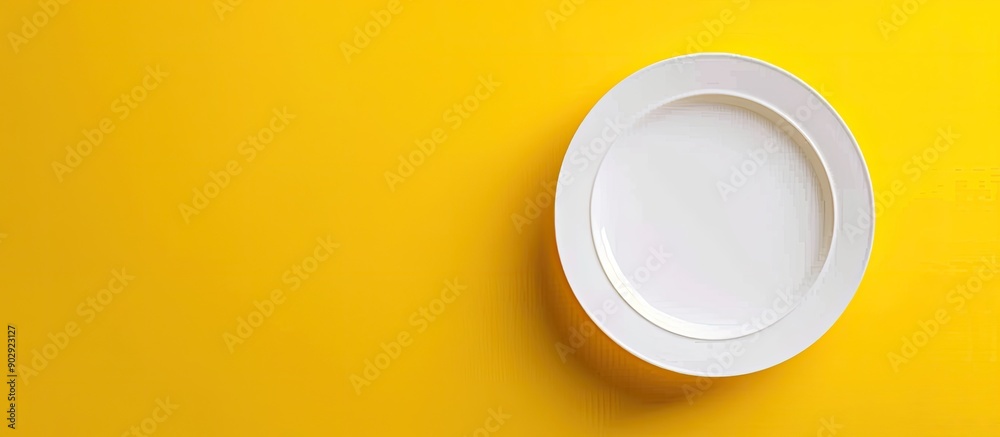 Poster Empty white plate on a yellow background with copy space image for text