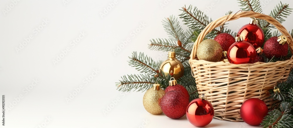 Poster white wicker basket with shiny red and golden balls fir tree branches on white backdrop with ample c
