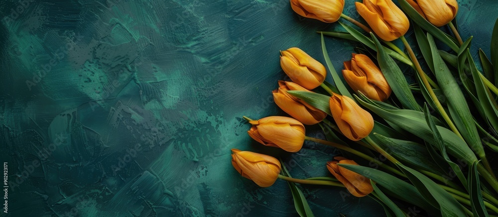 Aufkleber top view stock photo of a bouquet of beautiful yellow tulips on a green background with copy space i