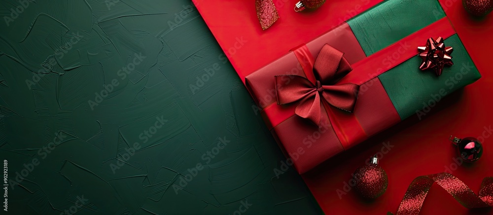 Aufkleber Festive red and green background with a gift box for your design ideal for a happy new year holiday concept featuring copy space image