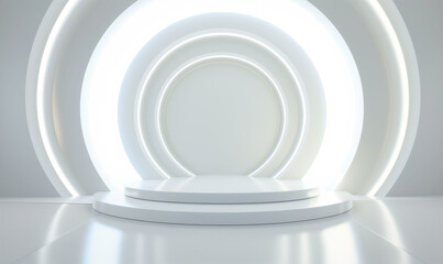 Fototapeta premium Modern Circular White Stage with Illuminated Backdrop in a Clean Room for Product Displays