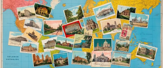 A colorful collage of vintage postcards on a world map, evoking nostalgia and the spirit of exploration through travel.