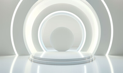 Obraz premium Modern Minimalist White Circular Light Installation Art Display with Geometric Shapes