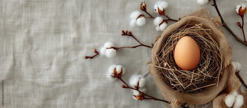 Leinwandbilder Top view of Easter themed decoration featuring an egg nestled in a nest and cotton on a textured rustic linen canvas background Perfect for a spring greeting card with copy space image