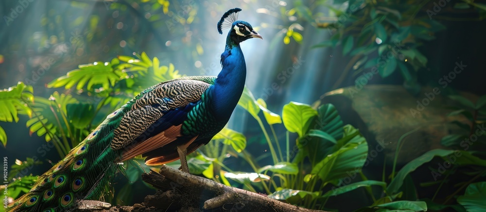 Poster peacock guarding greenery in its habitat with a copy space image