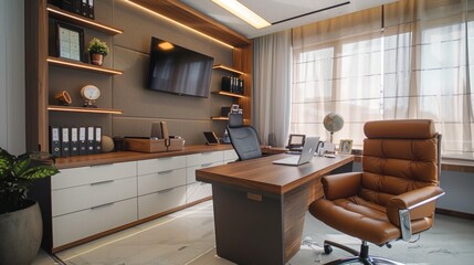 Modern Home Office Interior Design with Leather Chair and Wooden Desk.