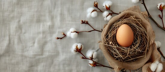Naklejka premium Top view of Easter themed decoration featuring an egg nestled in a nest and cotton on a textured rustic linen canvas background Perfect for a spring greeting card with copy space image
