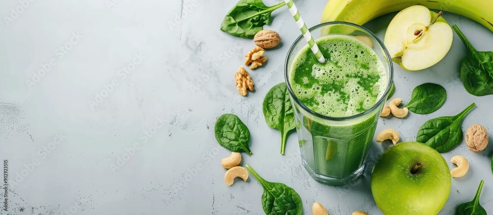 Poster nutritious green detox smoothie in a glass made with spinach apple banana and nuts with a healthy ea