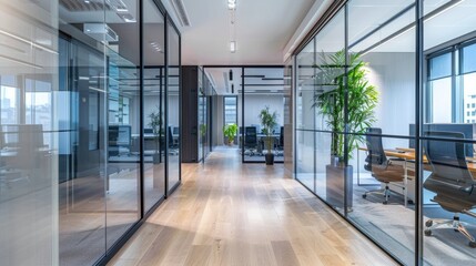 Modern Office Corridor with Glass Walls and Wooden Floor.