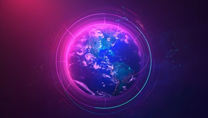 Obraz premium Abstract futuristic background with a neon glowing planet Earth and space elements, with a blue purple pink gradient.