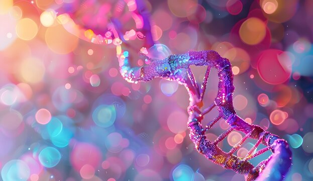 Abstract DNA double helix with vibrant colors and bokeh background. Nominal science or medical concept. 3D rendering illustration in the style of gnome.