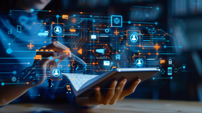Closeup of a professional accessing online training modules with floating icons for different learning topics