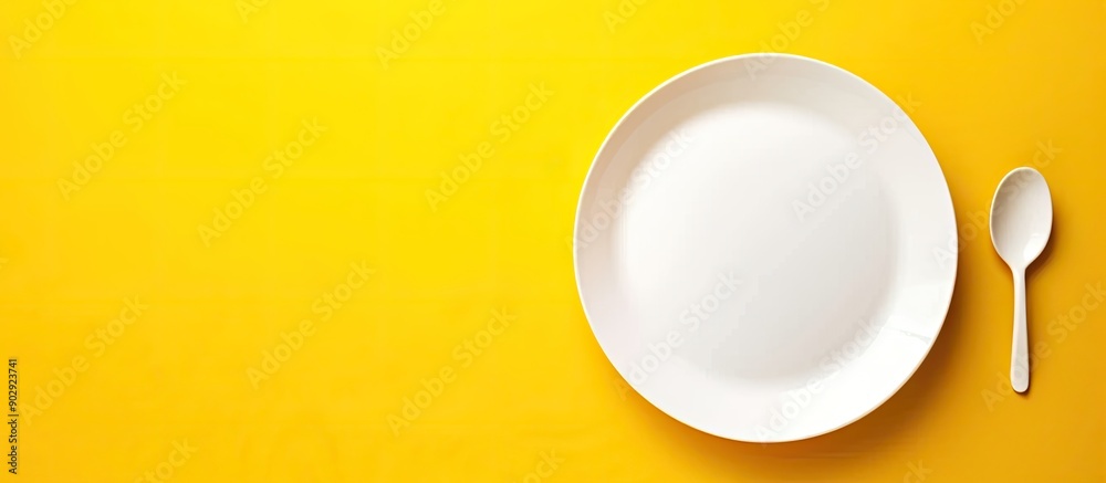 Aufkleber Empty white plate on a yellow background with copy space image for text