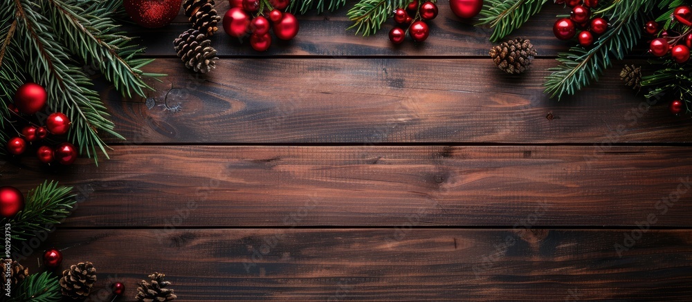 Aufkleber wooden boards with fir branches red christmas decor and space for text in a top view copy space imag