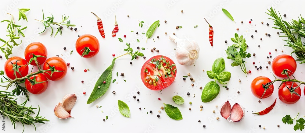 Poster healthy eating concept depicted with a selection of fresh vegetables and herbs on a white backdrop i