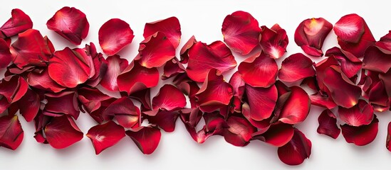 Top view of rose petals on white background provides copy space image