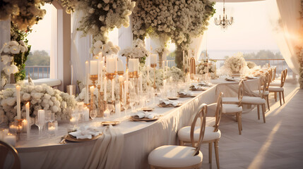 Sophisticated Wedding Reception – Elegantly Designed with White Roses, Golden Accents, and Crystal Chandeliers