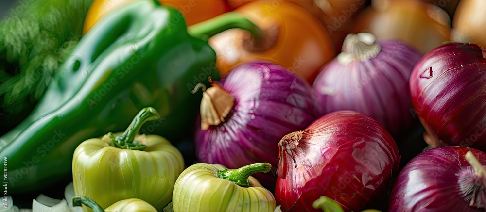 Poster Selective focus on a textured mix of green pepper and onions with a red onion creating a visually appealing copy space image
