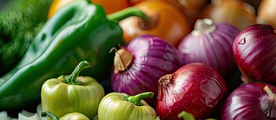 Selective focus on a textured mix of green pepper and onions with a red onion creating a visually appealing copy space image