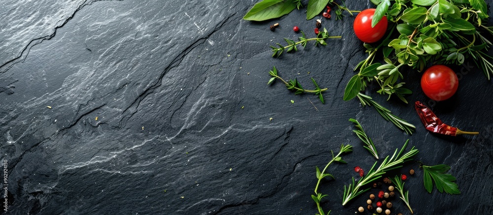 Poster top view of herbs and condiments displayed on a black stone surface with copy space image available